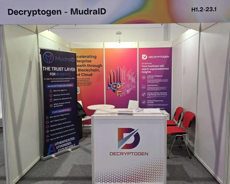 The Decryptogen–MudraID exhibition stand at GITEX AI Europe 2026.